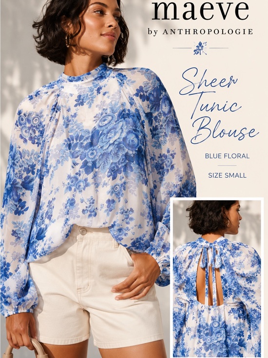 Maeve Tops - Maeve Anthropologie Blue Floral Sheer Tunic Blouse Open Back Tie Small